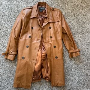 Tan leather trench coat, size large